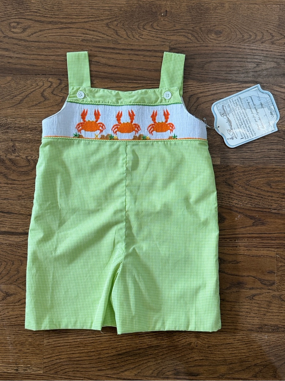 New With Tags Remeber Nyugen Green Gingham Smocked Embroidered Crab Boys Romper